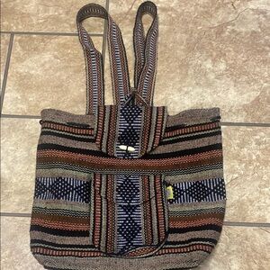 Black and Brown Woven Backpack with Geometric Pattern